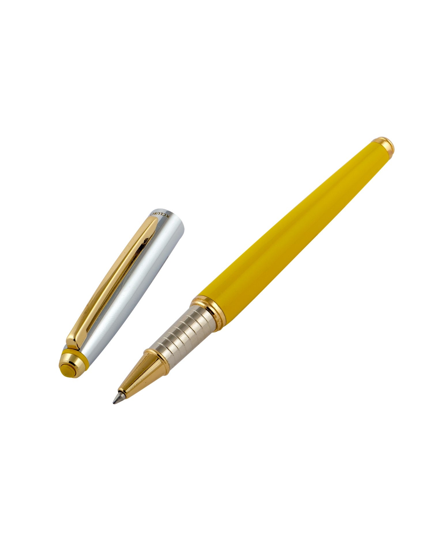 Xcluso Yellow Glossy Metal Roller Pen with gold clip and imported german refill