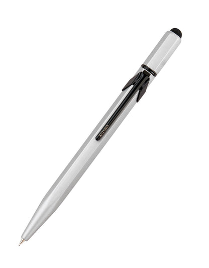 Xcluso Matt Silver Metal Ballpoint Pen with black clip and imported german ink refill. Pen with smooth writing. Pen with stylus. Pens for Gifting