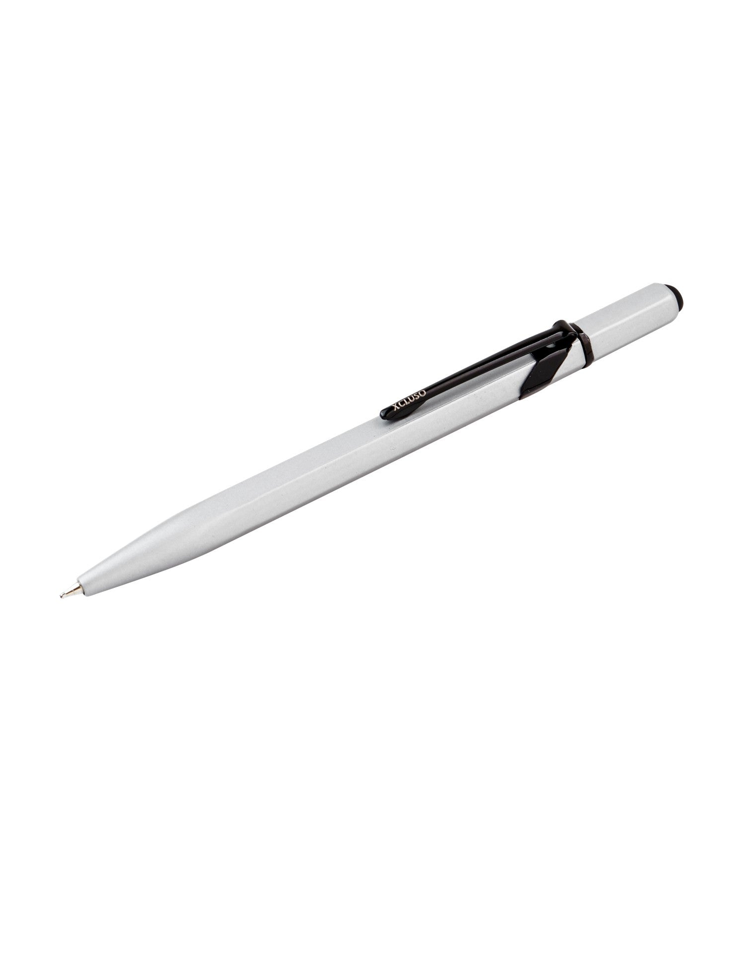 Xcluso Matt Silver Metal Ballpoint Pen with black clip and imported german ink refill. Pen with smooth writing. Pen with stylus. Pens for Gifting